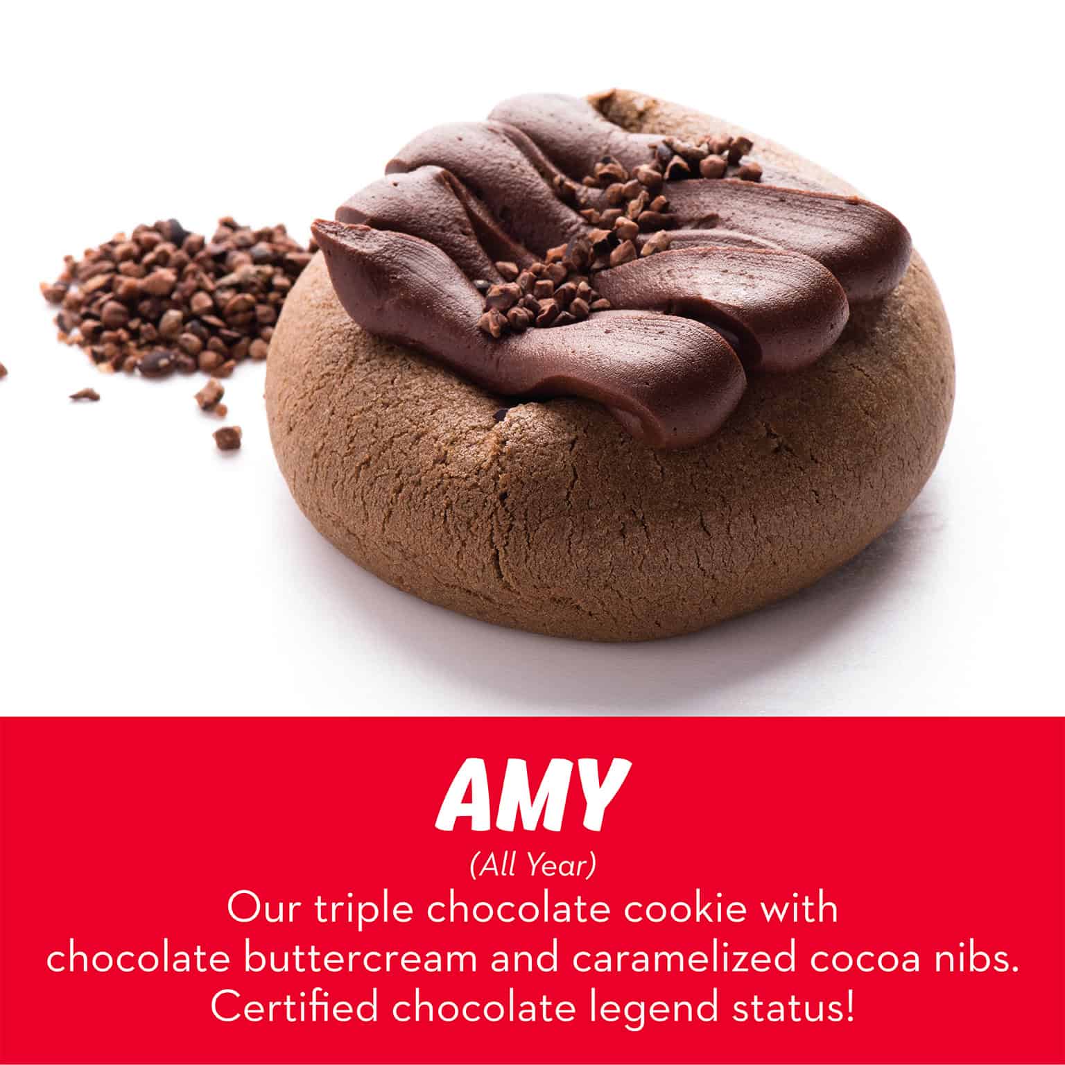 Triple chocolate cookie with chocolate buttercream and caramelized cocoa nibs from RubySnap Bakery. Deep, rich, and truly legendary chocolate flavor.