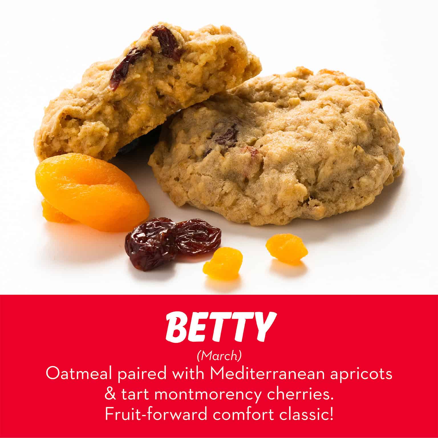 Oatmeal cookie with apricots and dried cherries from RubySnap Bakery. Fruit-forward flavor, soft texture, and a cozy twist on classic comfort.