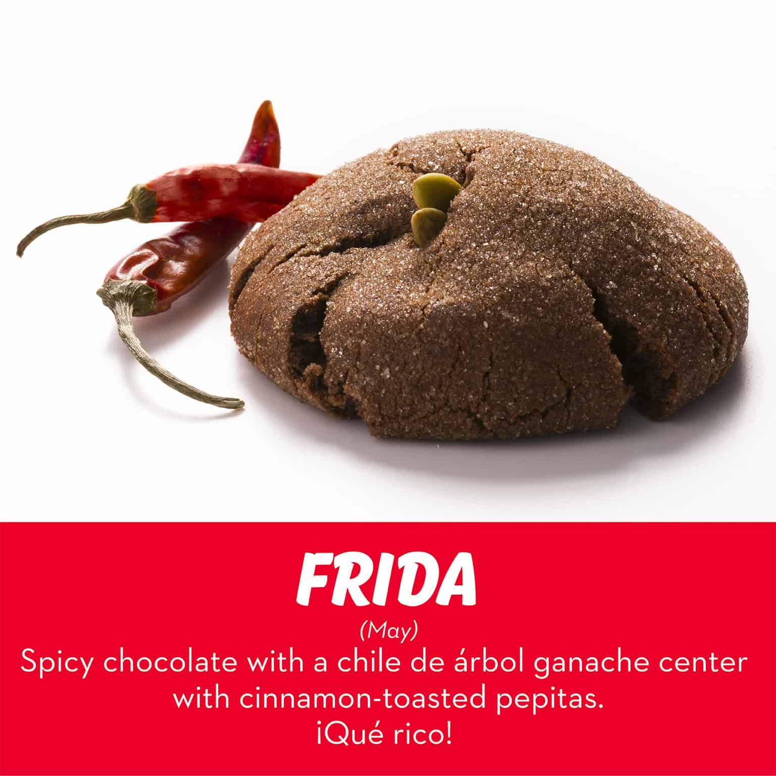 A spicy chocolate with a chile de árbol ganache center cookie by RubySnap Bakery, with cinnamon-toasted pepitas. ¡Qué rico!