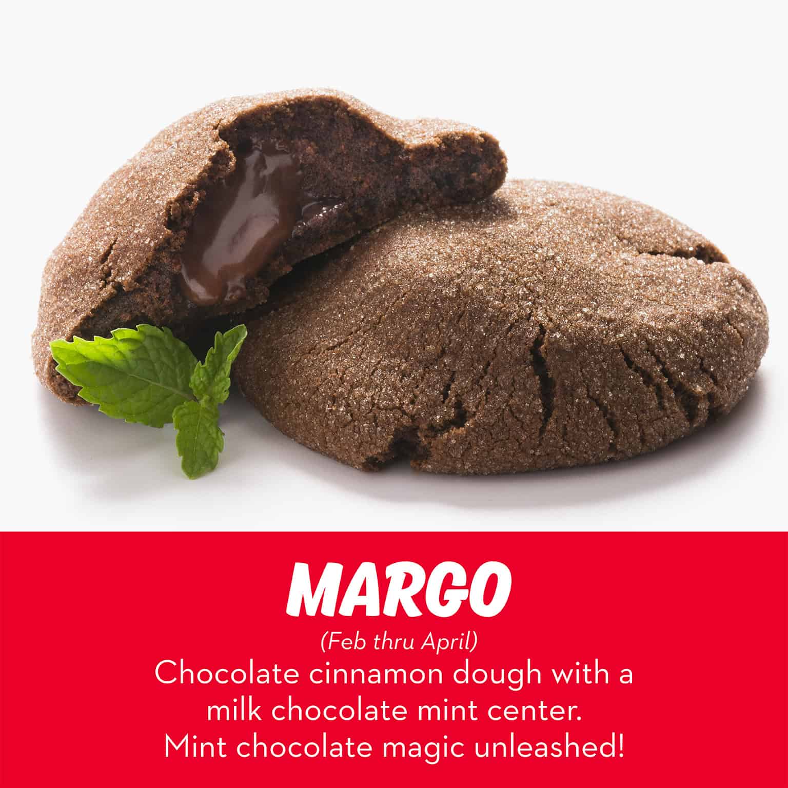 Chocolate cinnamon cookie with a milk chocolate mint center from RubySnap Bakery. Cool mint meets rich chocolate for bold, unforgettable flavor.