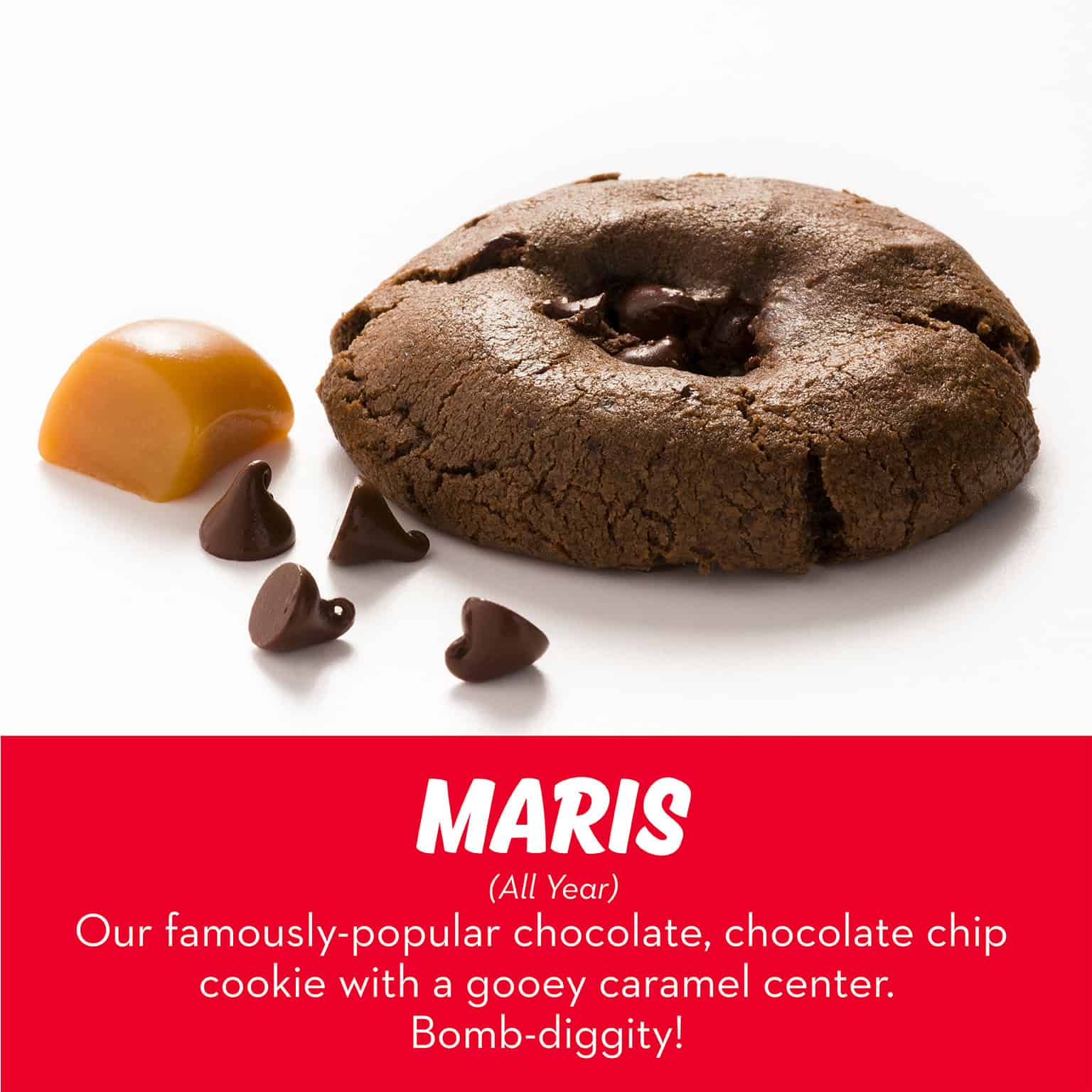 Chocolate chocolate chip cookie with a gooey caramel center from RubySnap Bakery. Rich, decadent, and famously loved for its molten middle.