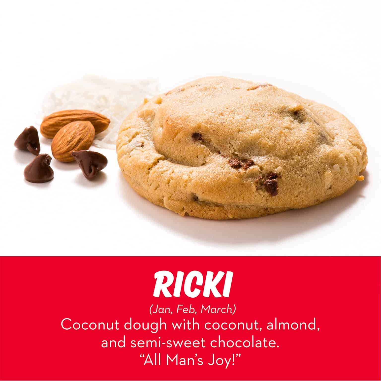Coconut cookie with almond and semi-sweet chocolate from RubySnap Bakery. Rich, chewy, and tropical-inspired, a coconut lover’s dream.