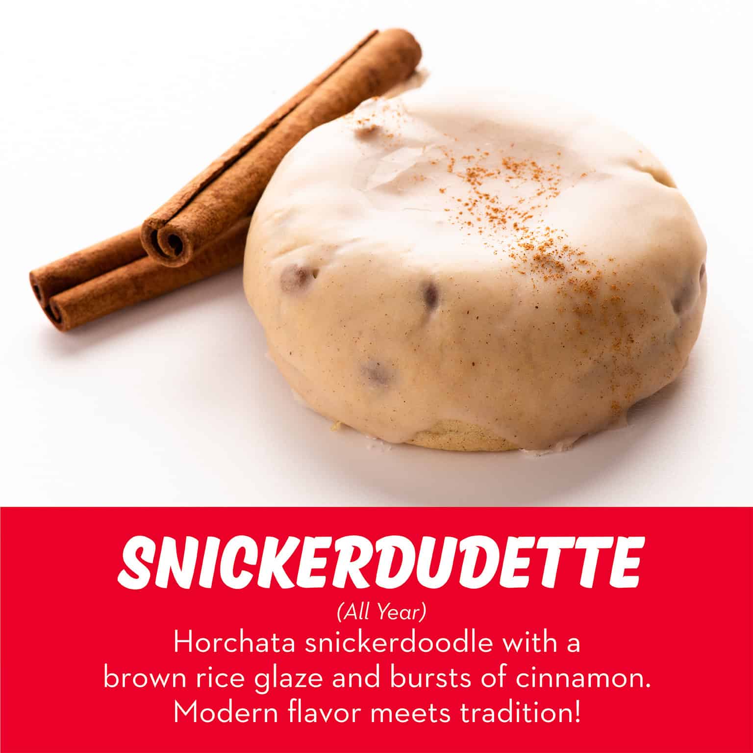 Horchata snickerdoodle with brown rice glaze and cinnamon bursts from RubySnap Bakery. A modern twist on a classic with warm, nostalgic flavor.