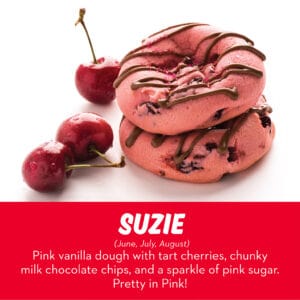 Pink vanilla cookie with tart Montmorency cherries, chunky milk chocolate chips, and pink sugar sparkle from RubySnap Bakery. Sweet, tart, and fun.