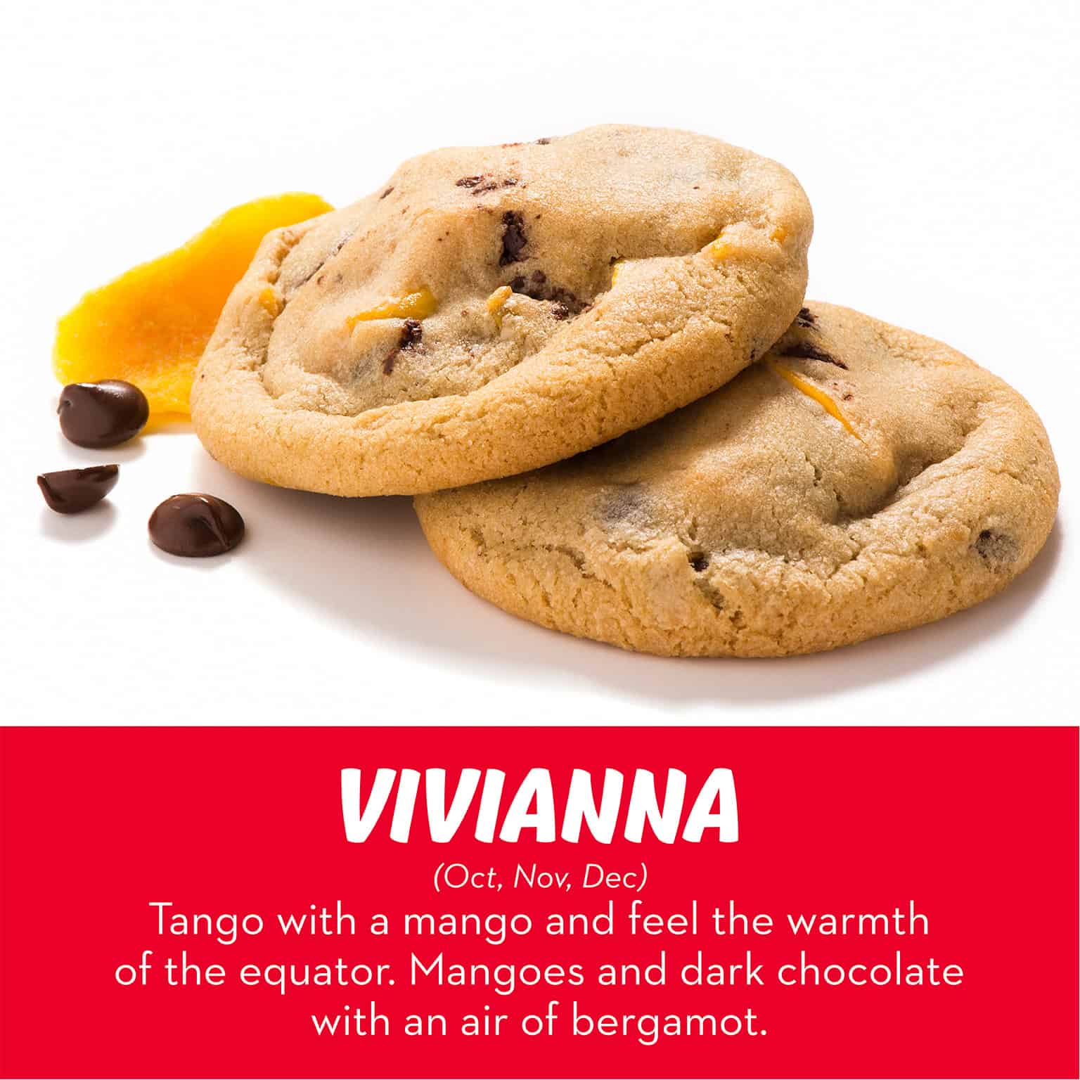 Mango and dark chocolate cookie with hints of bergamot from RubySnap Bakery. Bright tropical flavor meets rich chocolate with a warm citrus twist.