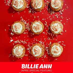 RubySnap BillieAnn cookie a coconut, Carrot, Curry cookie topped with coconut cream and toasted coconut