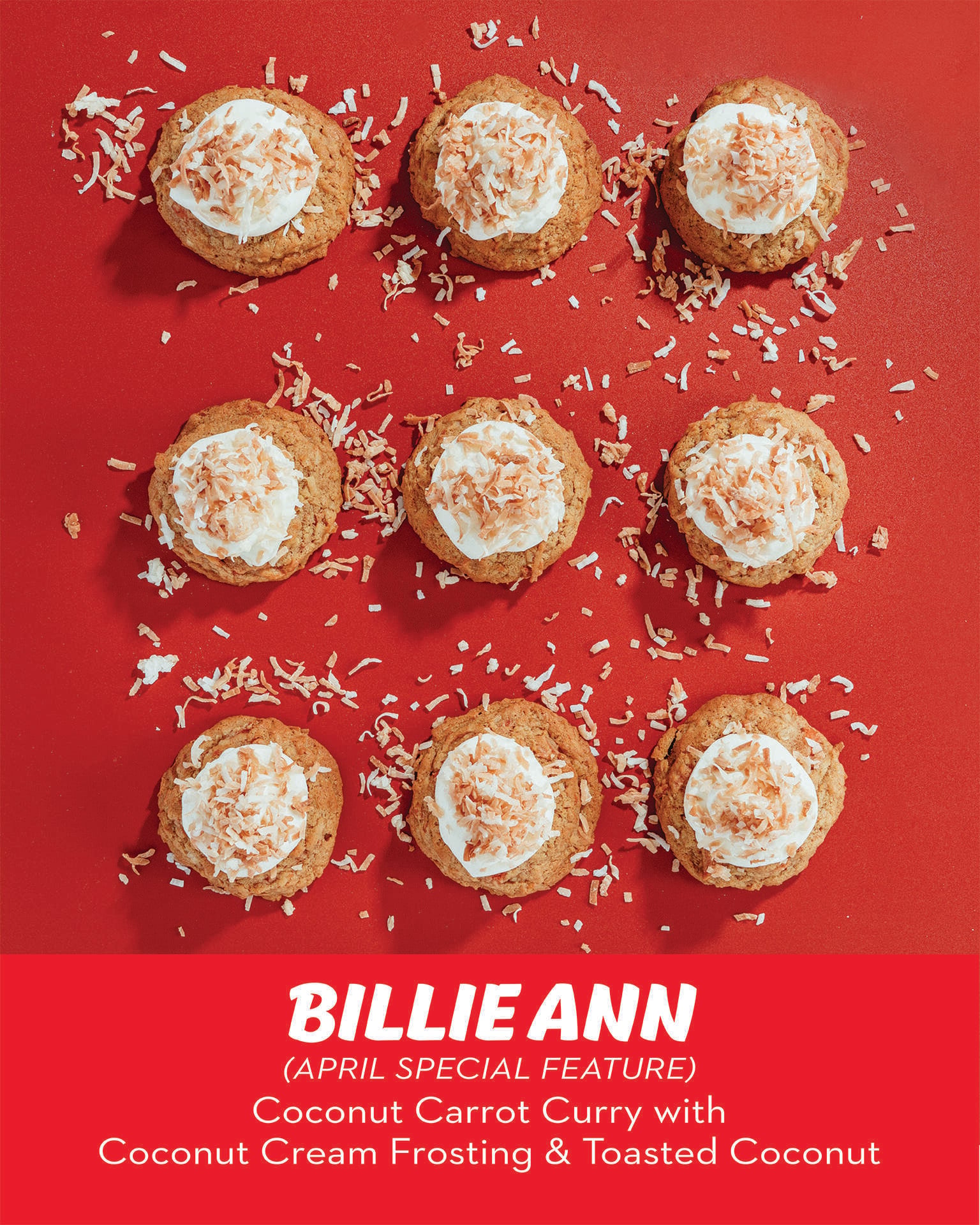 RubySnap BillieAnn cookie a coconut, Carrot, Curry cookie topped with coconut cream and toasted coconut