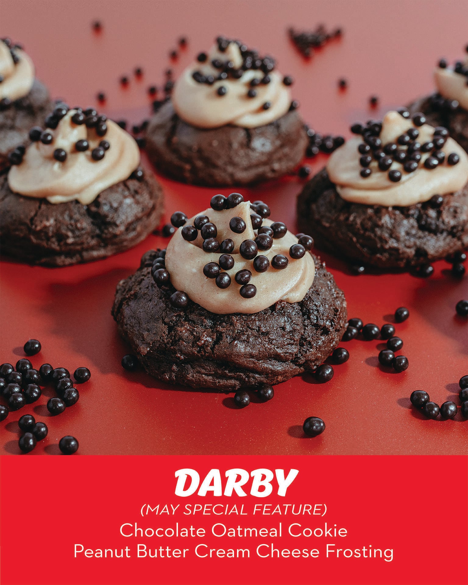 A RubySnap cookie. Chocolate oatmeal cookie with peanut butter cream cheese frosting