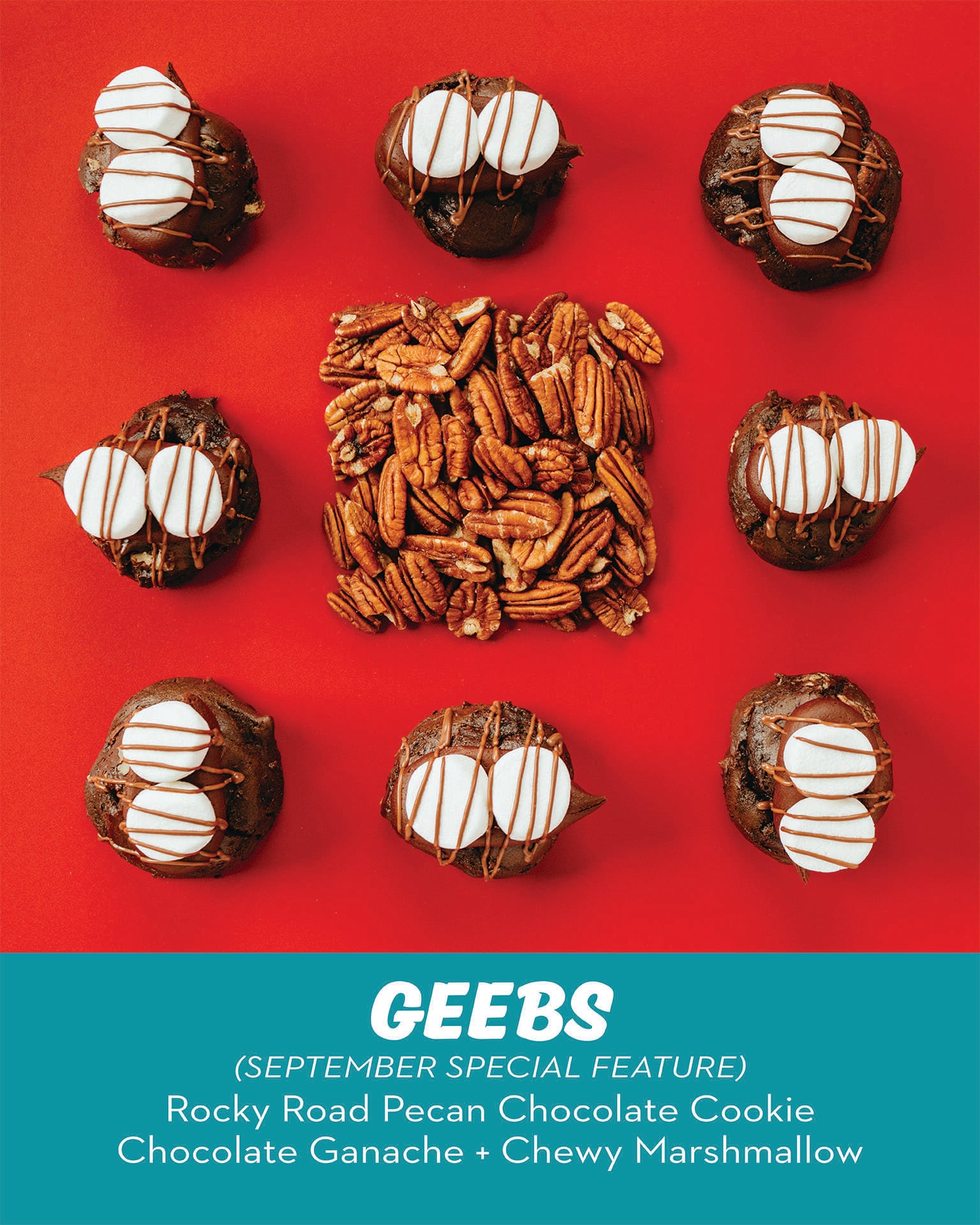RubySnap Rocky Road Pecan is a rich chocolate pecan cookie topped with chocolate ganache, chewy marshmallow, and a decadent chocolate drizzle.