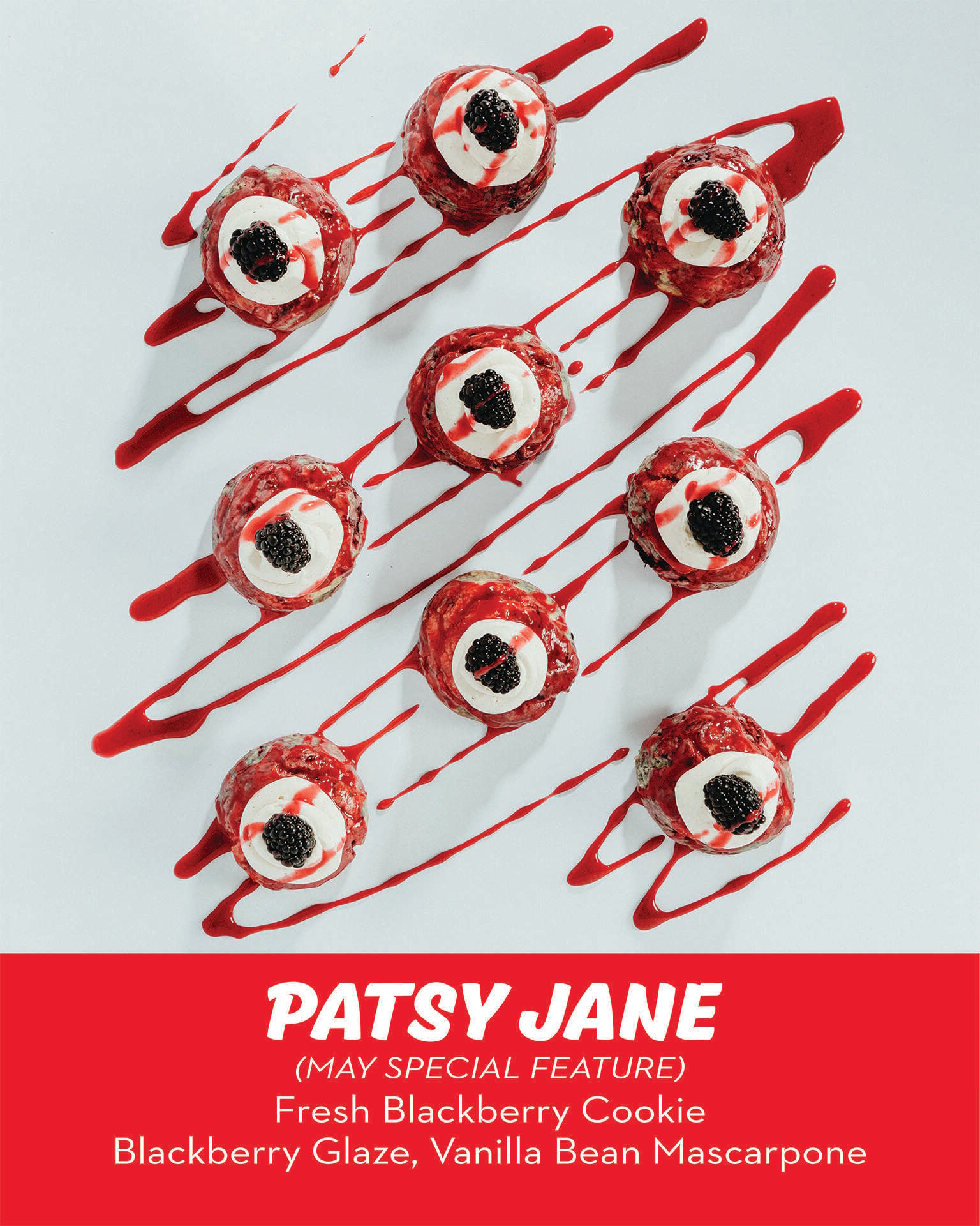 The RubySnap PatsyJane cookie. A fresh blackberry cookie, with a blackberry glaze and vanilla bean mascarpone frosting topped with a fresh blackberry.