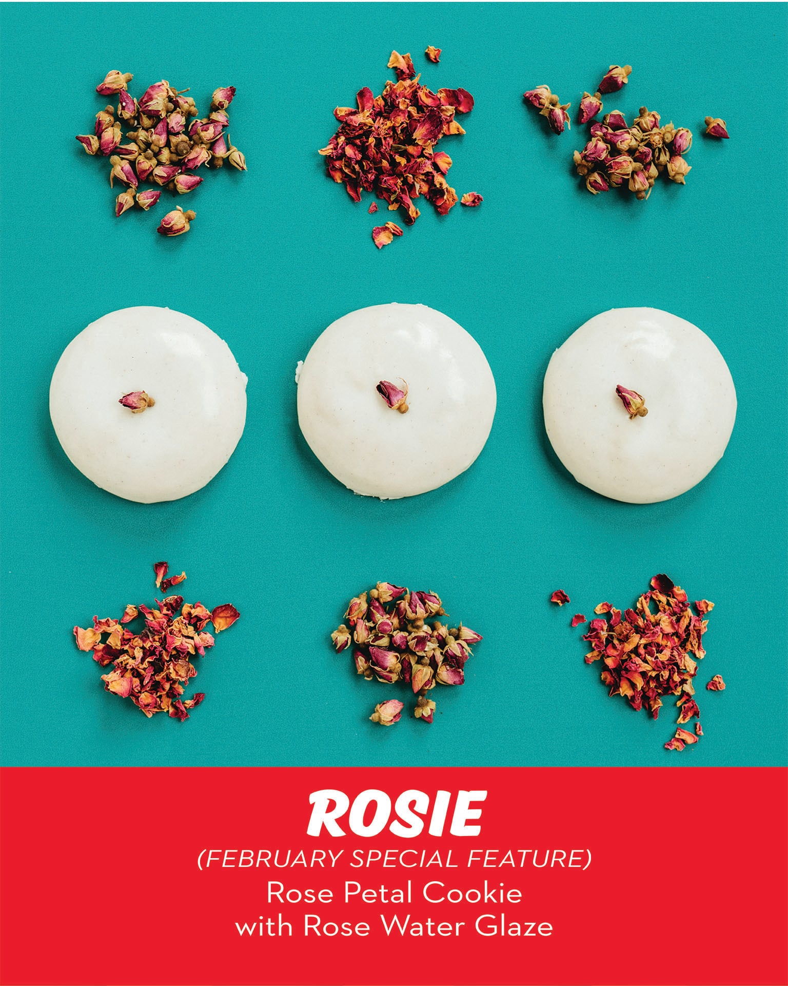 rose petal cookie topped with a rosewater glaze by RubySnap Fresh Cookies