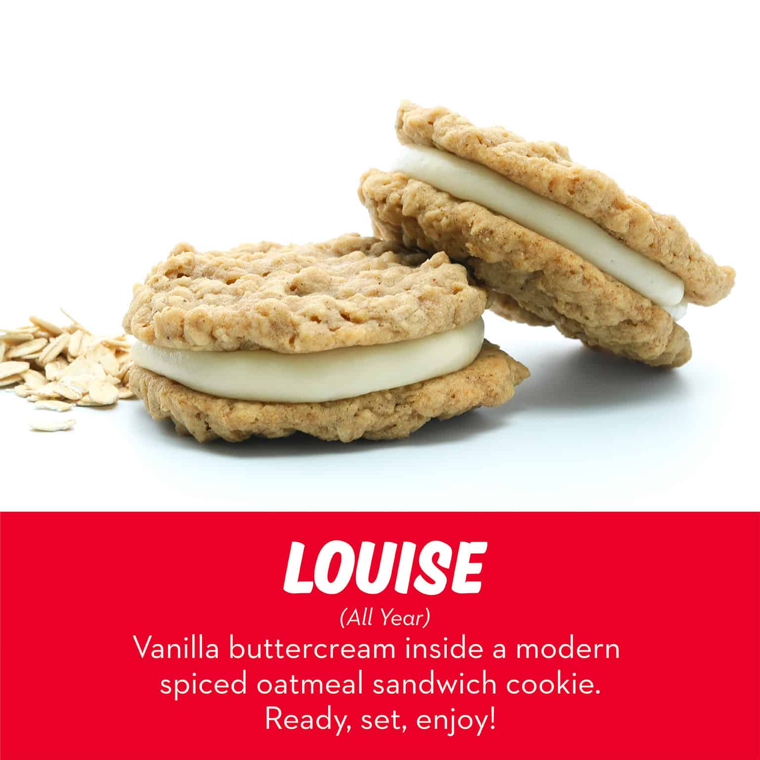 Spiced oatmeal sandwich cookie filled with vanilla buttercream from RubySnap Bakery. Cozy, soft, and a modern twist on classic comfort.