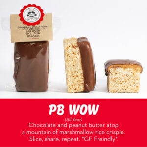 Chocolate and peanut butter rice crispy treat from RubySnap Bakery, a marshmallow-packed classic, sliceable, shareable, and GF-friendly.