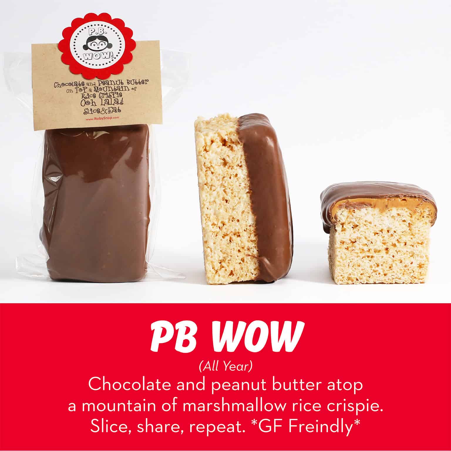 Chocolate and peanut butter rice crispy treat from RubySnap Bakery, a marshmallow-packed classic, sliceable, shareable, and GF-friendly.