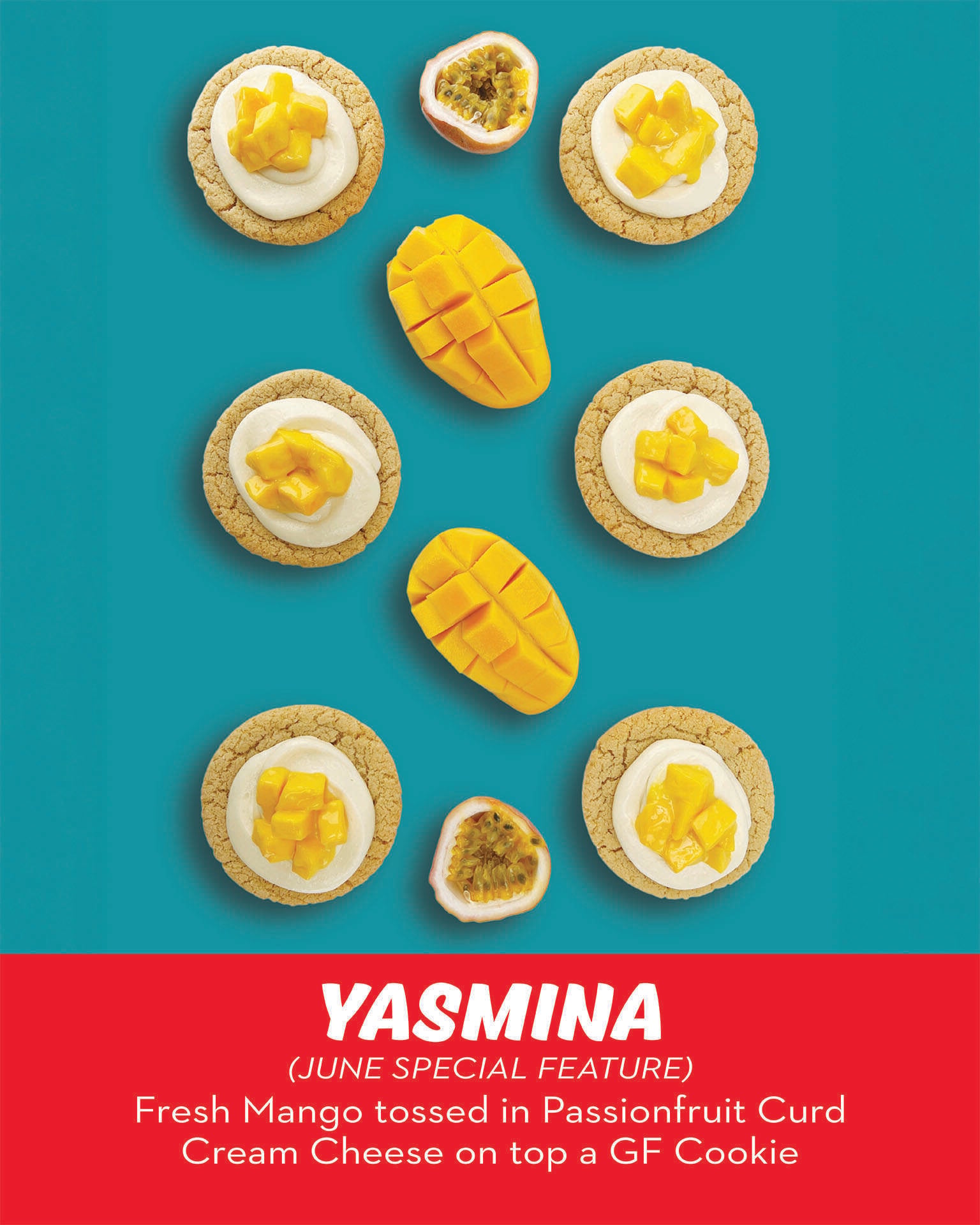 RubySnap Yasmina cookie. Fresh mango tossed in passionfruit curd on a bed of cream cheese frosting on top of a gluten free cookie