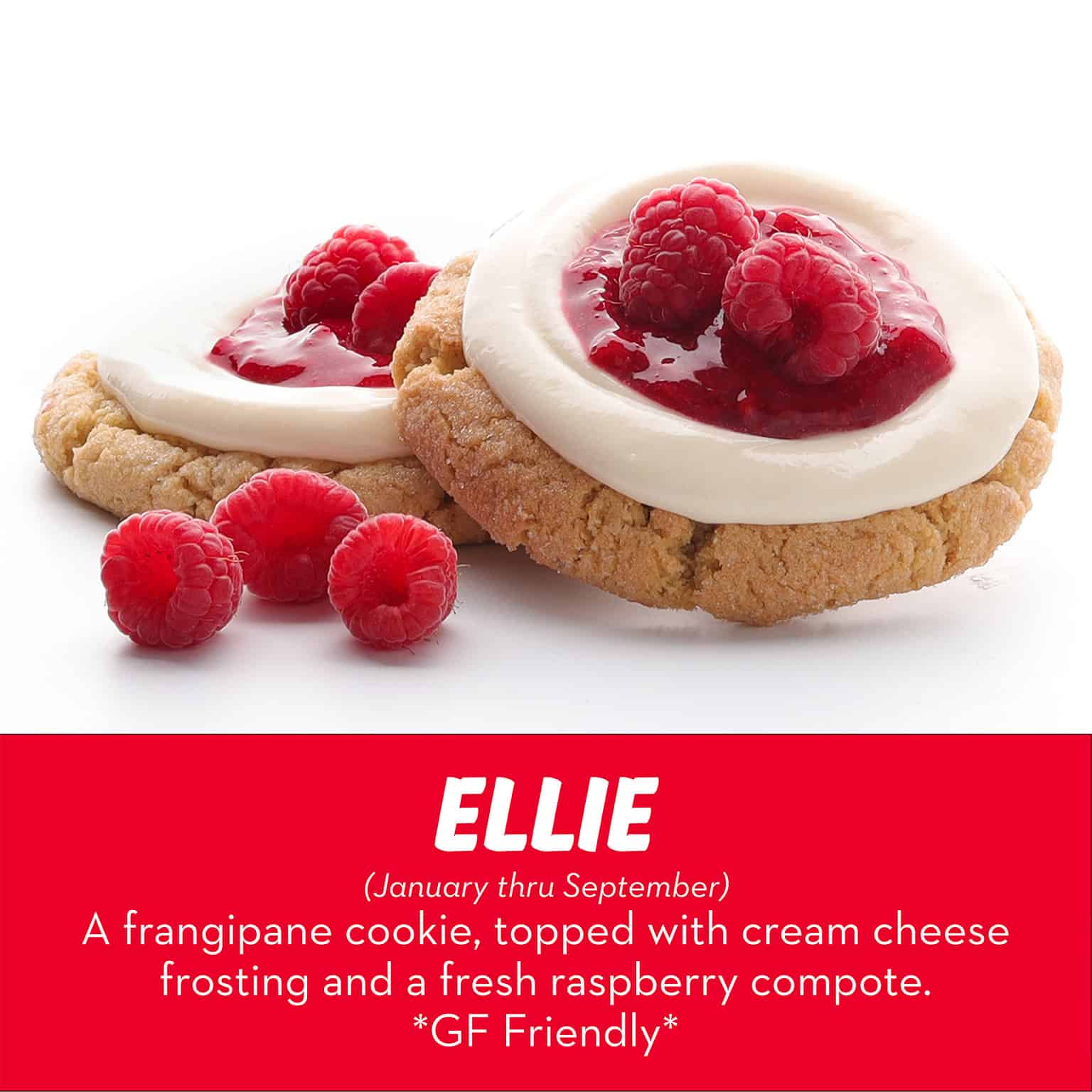 A frangipane sugar cookie, topped with cream cheese frosting and a fresh raspberry compote. *GF Friendly* by RubySnap Bakery