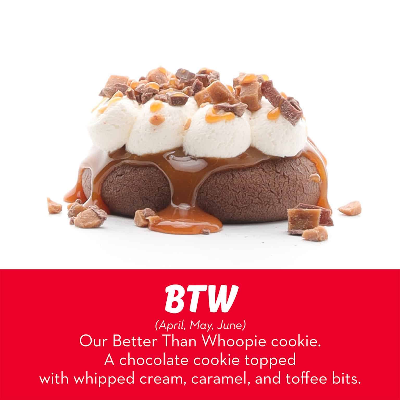 Chocolate cookie topped with whipped cream, caramel, and toffee bits from RubySnap Bakery. Decadent, creamy, crunchy, and seriously irresistible.